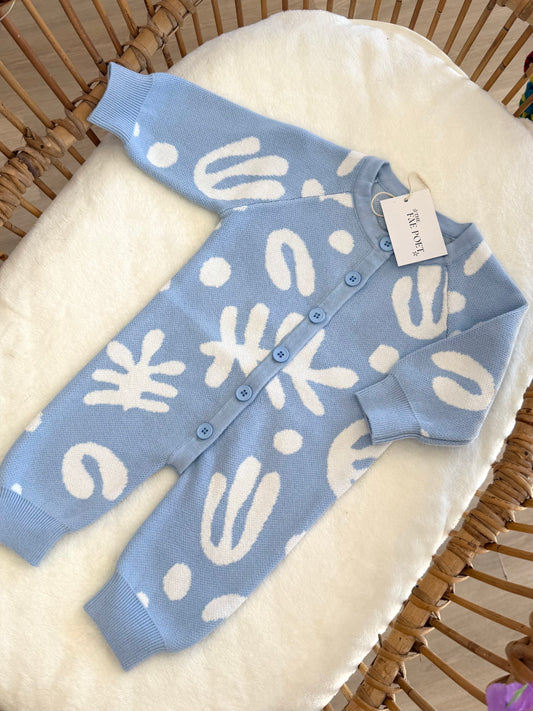 Knit Button Onesie Blue
